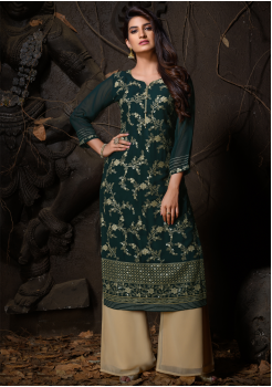 Green Color Designer Georgette Straight Cut Kurti